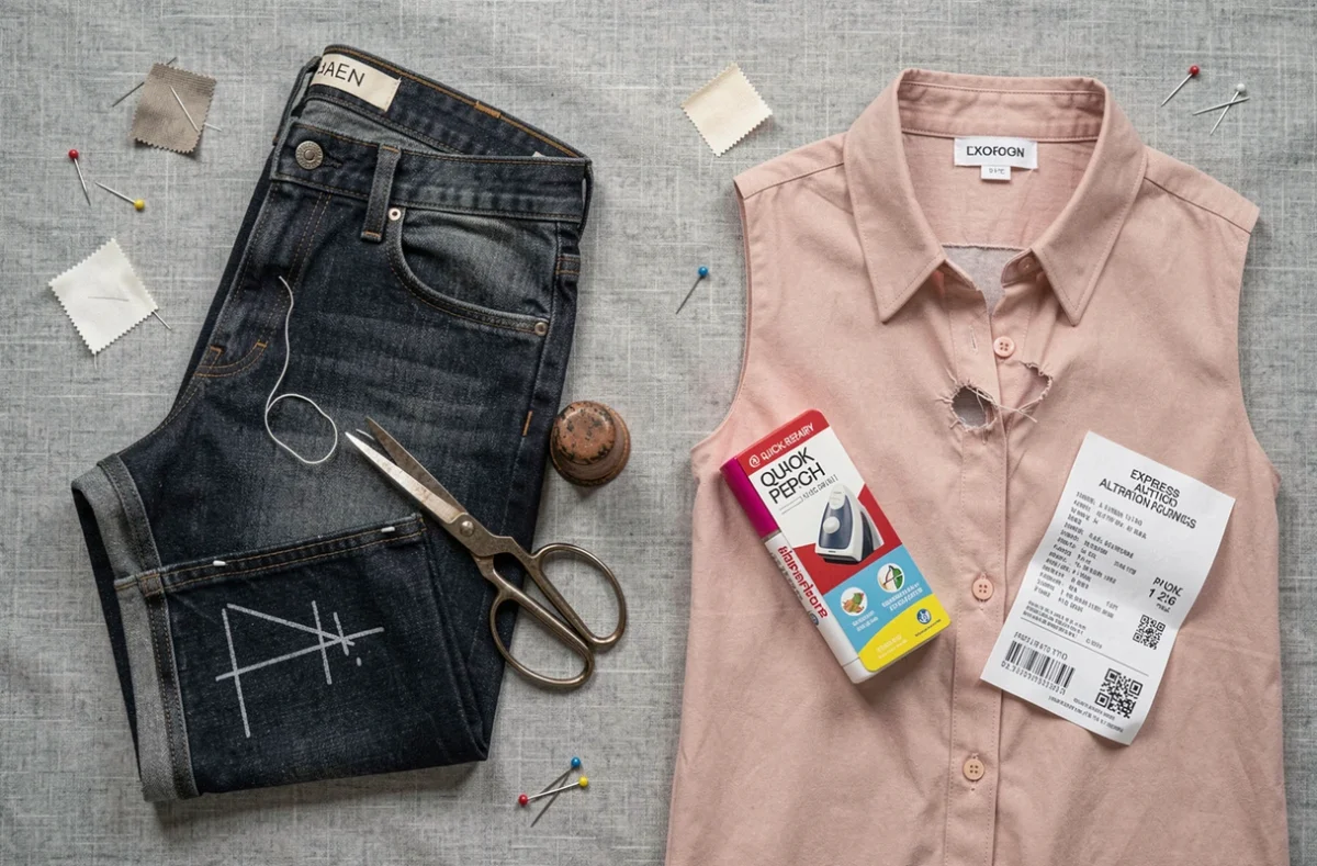 Comparaison en flat lay entre matériel de retouche classique et kit de retouche rapide pour vêtements