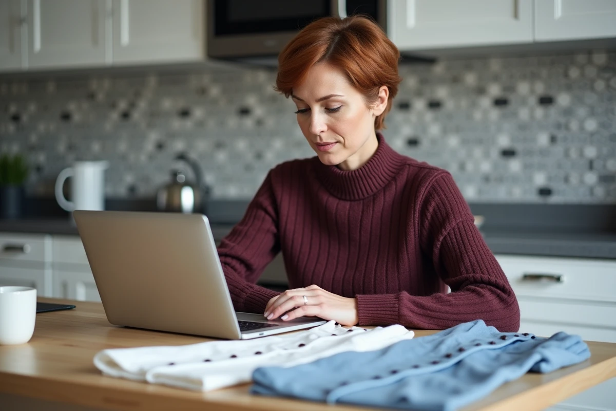 Femme comparant deux blouses d'occasion sur Sellpy depuis son ordinateur portable, installée à une table de cuisine moderne