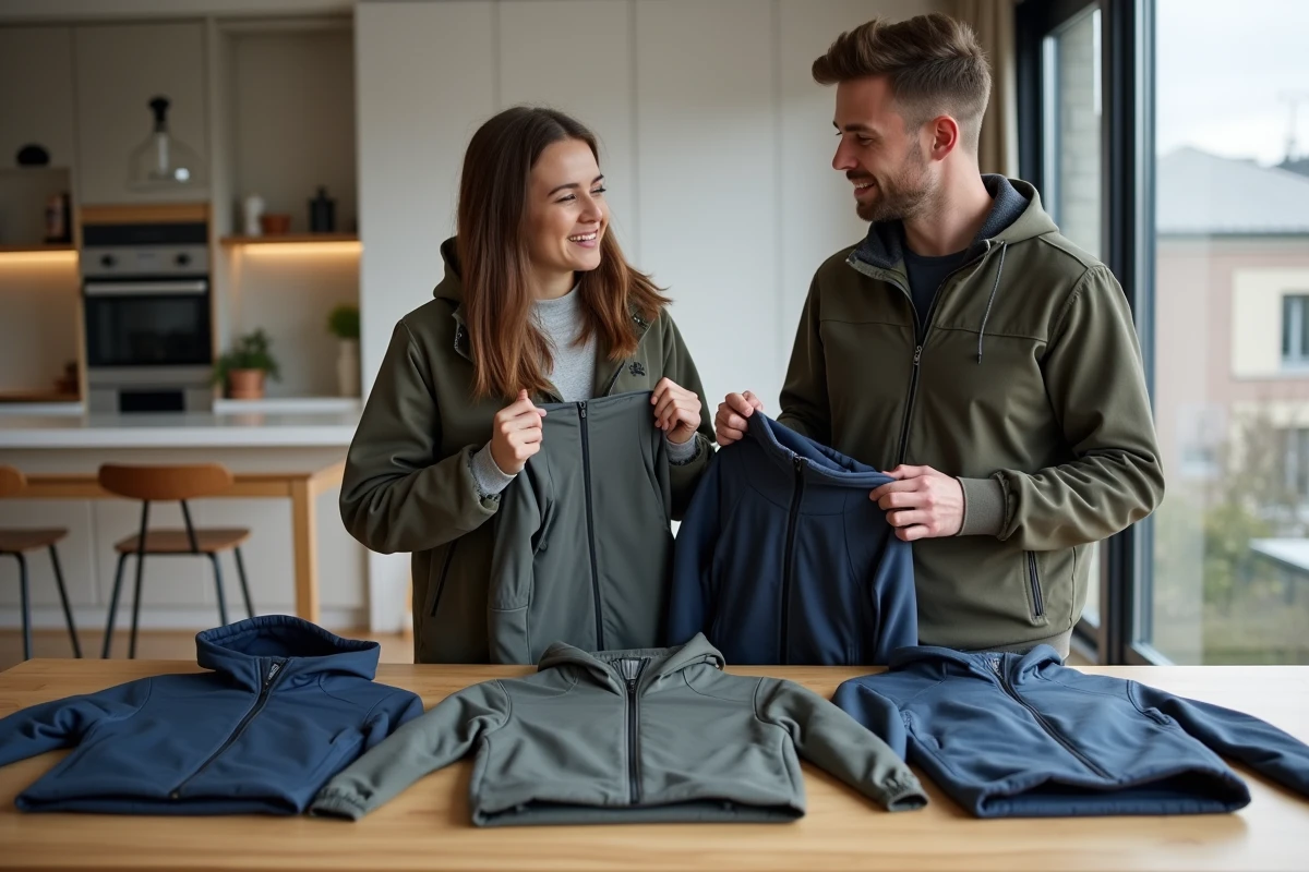 Deux amis comparant des vêtements de marque Sonstiges et partageant leurs retours d'expérience