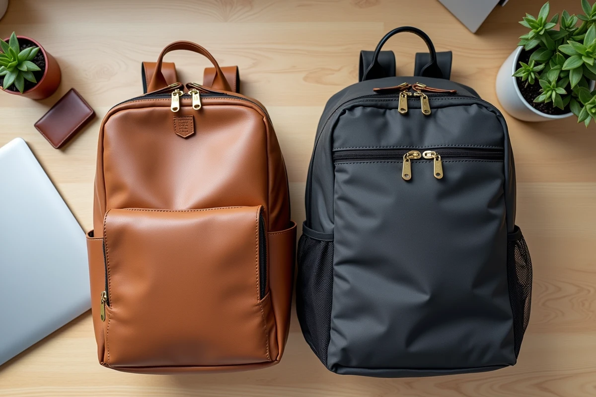 Comparatif sac à dos cuir et sac à dos tissu pour ordinateur femme en vue à plat sur bureau en bois