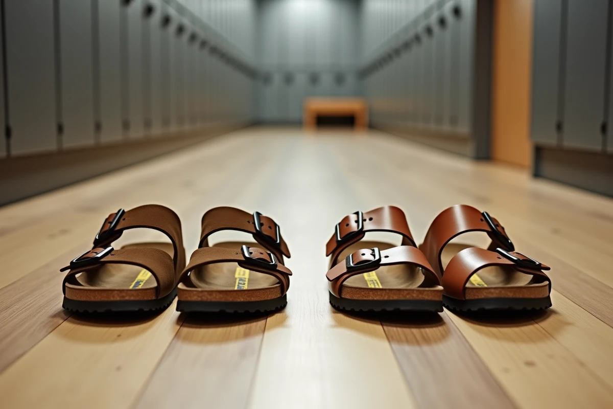 Comparaison côte à côte d'une paire de sandales Birkenstock et Billowy sur un plancher en bois, test confort sandales pour travail en position debout prolongée