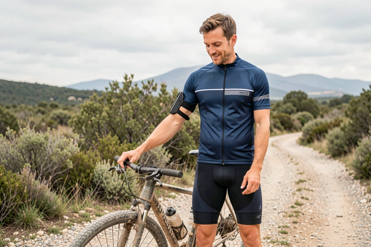 Cycliste masculin avec coque téléphone à lanière poignet sur un sentier de gravier à vélo