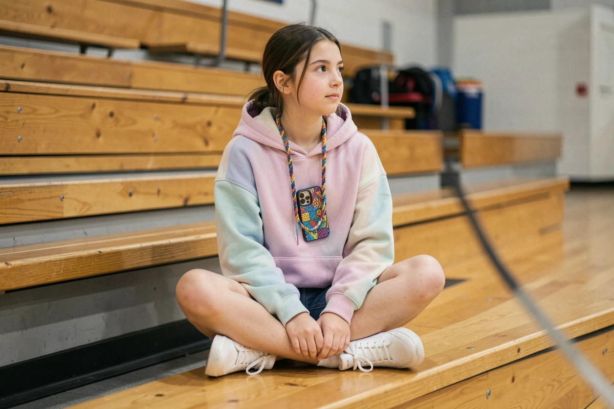Adolescente en hoodie pastel dans une salle de sport avec une coque téléphone à cordon tressé autour du cou