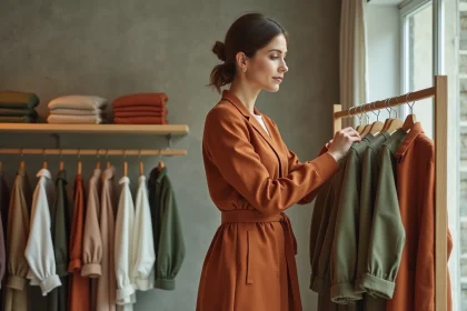 Femme en robe terracotta dans une boutique minimaliste parisienne, explorant les couleurs tendance de la mode 2026