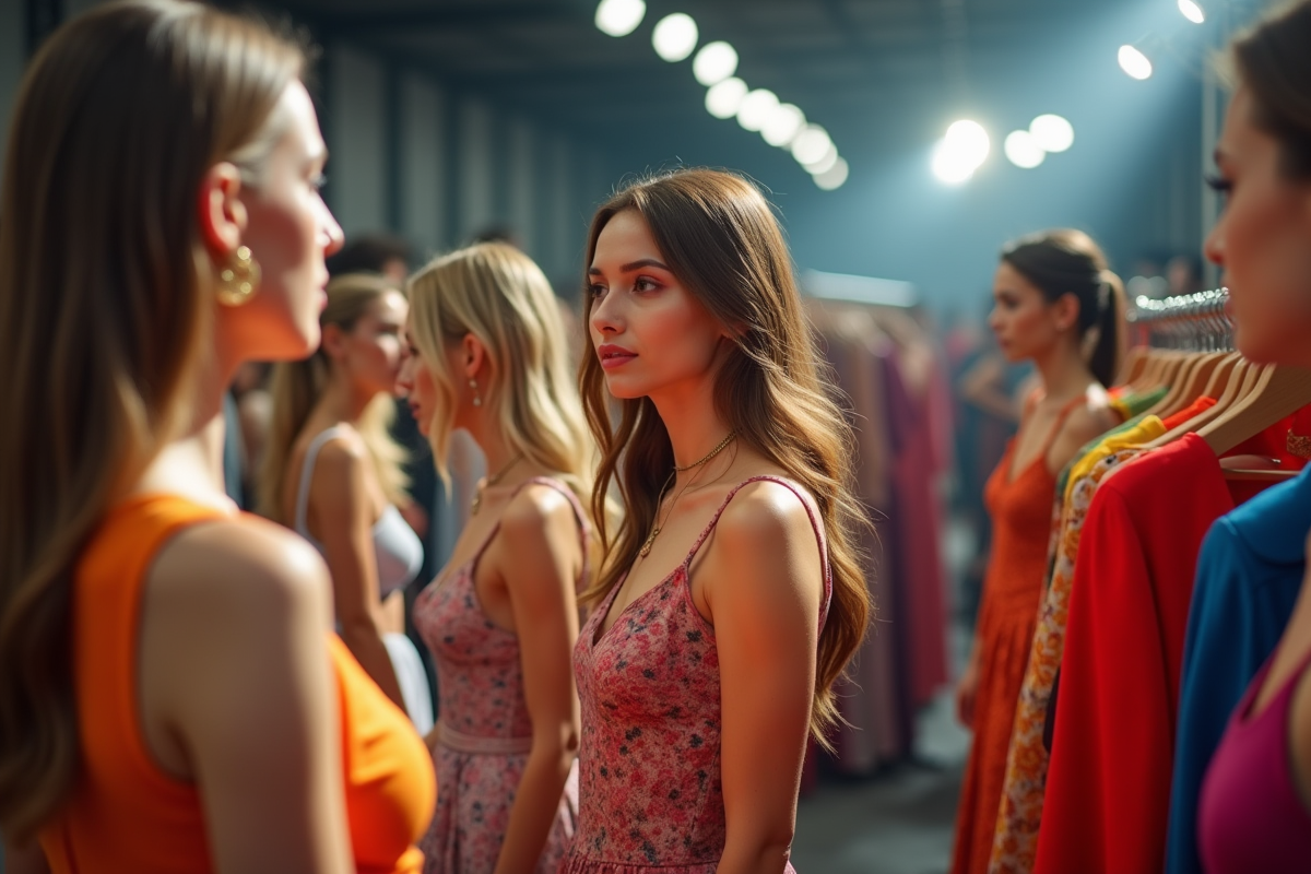 Scène dynamique en coulisses d'un défilé de mode avec modèles et stylistes
