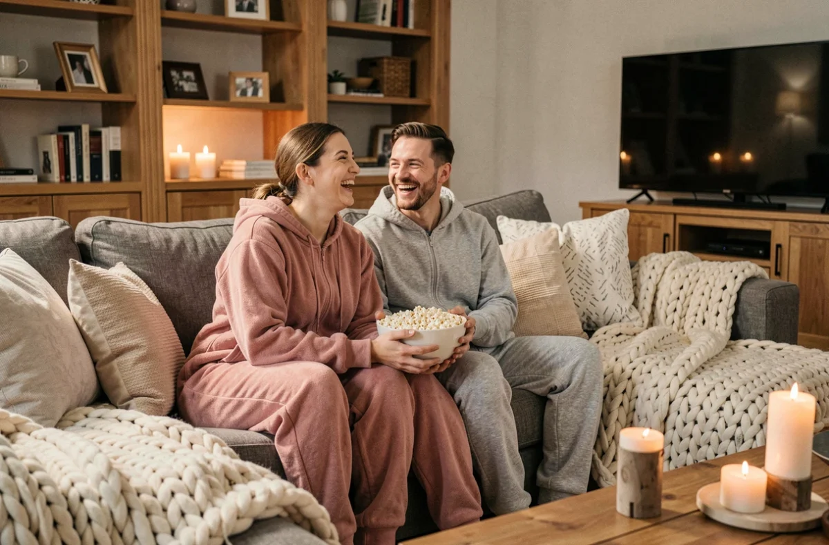 Couple en grenouillère assortie rose et gris sur un canapé cocooning avec plaids et popcorn