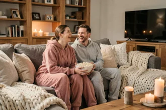 Couple en grenouillère assortie rose et gris sur un canapé cocooning avec plaids et popcorn