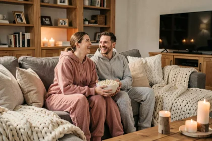Couple en grenouillère assortie rose et gris sur un canapé cocooning avec plaids et popcorn