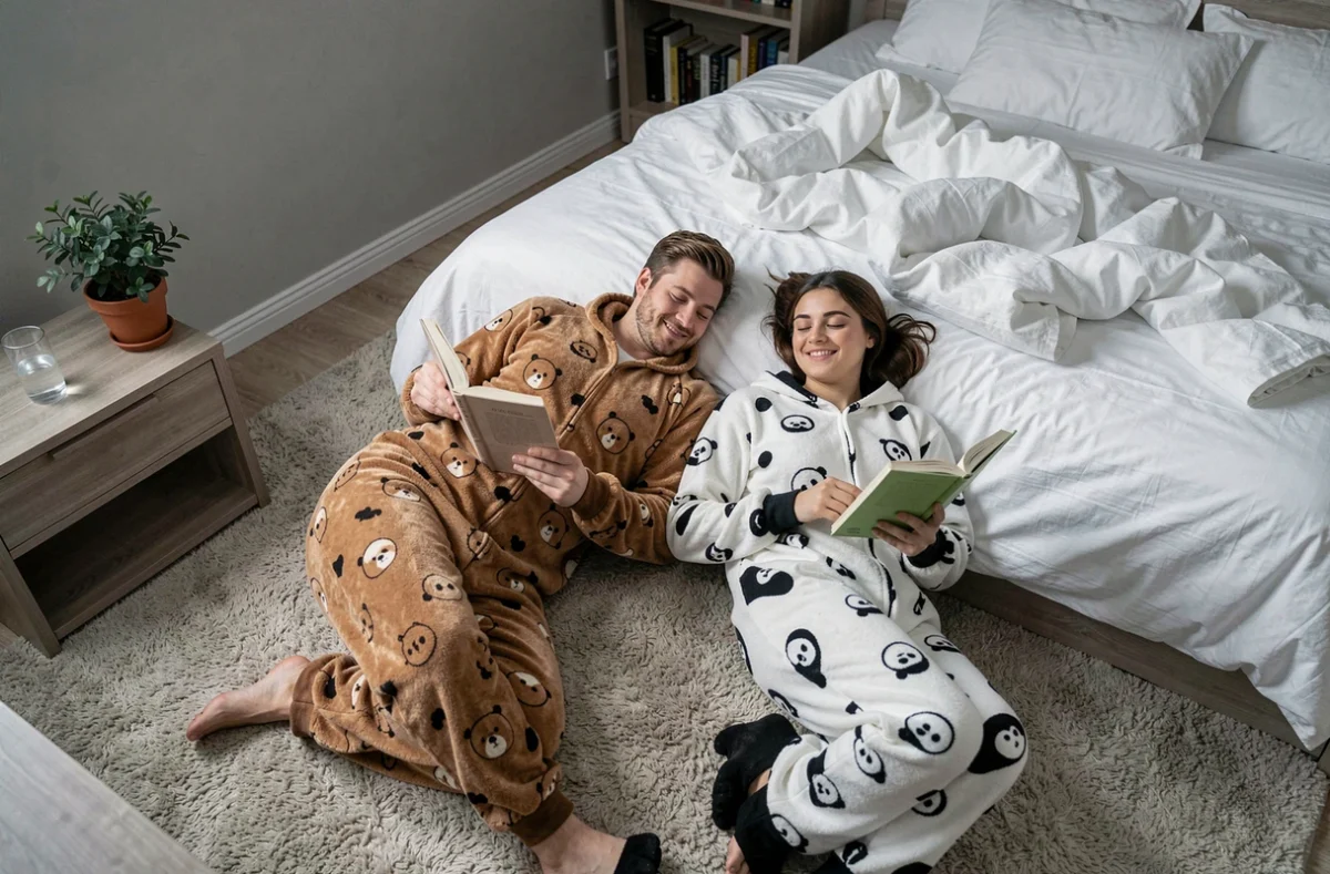 Couple en grenouillère animaux panda et ours allongé sur un tapis de chambre avec des livres