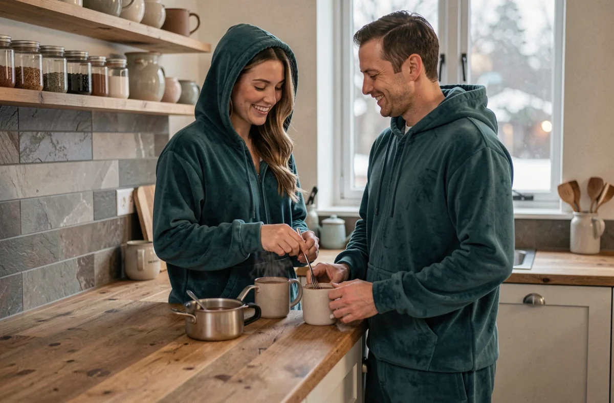 Duo en grenouillère capuche teal préparant un chocolat chaud dans une cuisine chaleureuse