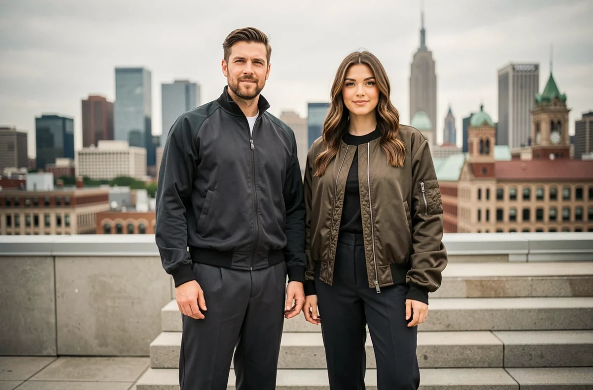 Couple mixant pièces streetwear et vêtements chic sur une terrasse urbaine, look hybride moderne