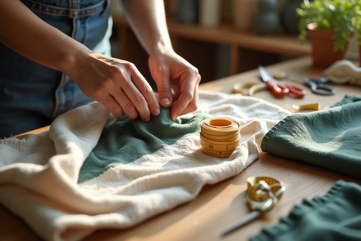 Main cousant un tissu recyclé avec outils de mode durable
