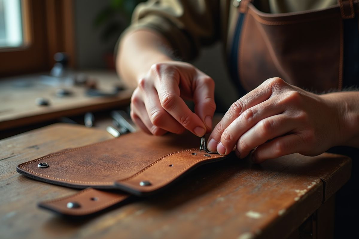 Main d'artisan cousant une sangle de sac en cuir avec outils traditionnels