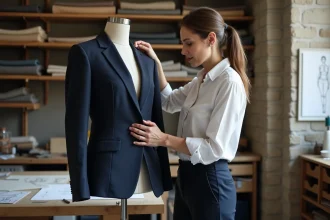 Couturière professionnelle à Reims épinglant une veste tailleur sur un mannequin de couture dans un atelier artisanal