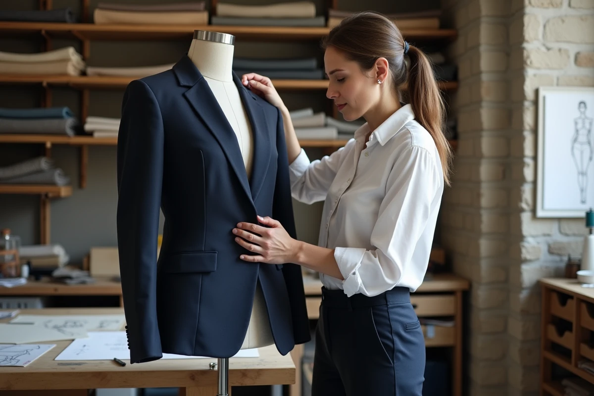 Couturière professionnelle à Reims épinglant une veste tailleur sur un mannequin de couture dans un atelier artisanal