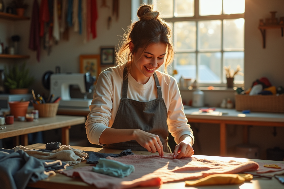 Jeune couturiere souriante réparant un vêtement dans un atelier lumineux