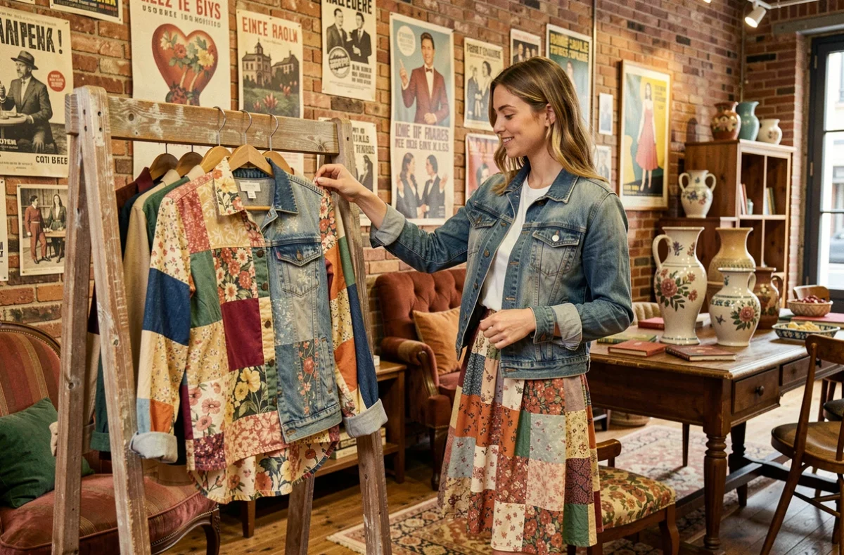 Intérieur éclectique du concept store Cracra à Toulouse avec une jeune femme explorant des pièces vintage uniques