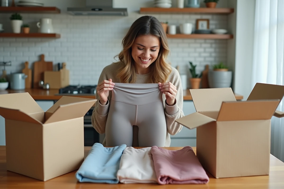 Déballage d'une commande Halara avec plusieurs vêtements de sport étalés sur une table, test et avis produit