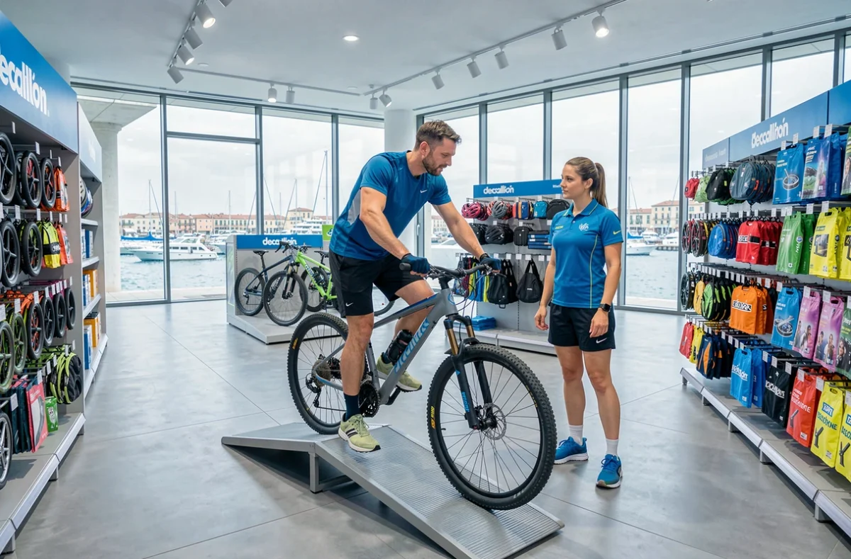 Client testant un vélo de montagne au Decathlon Marseille Terrasses du Port avec vue sur le Vieux-Port