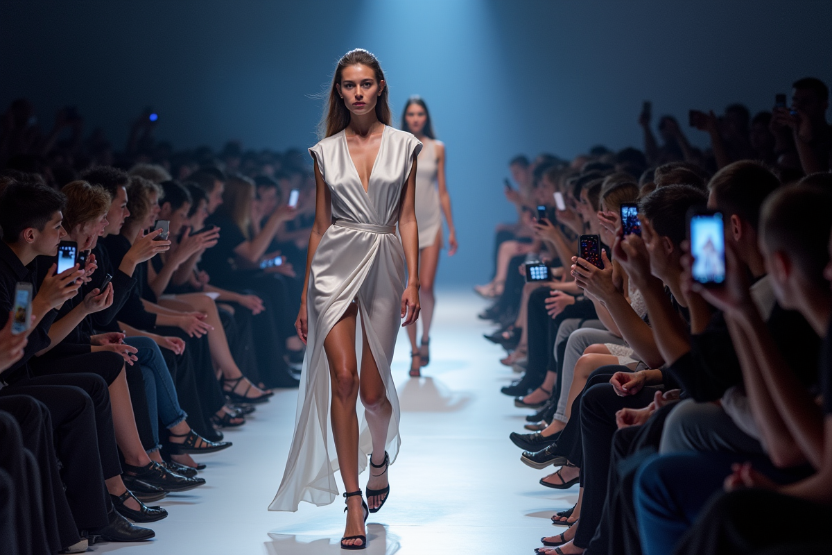 Mannequins en tenues avant-gardistes sur un runway moderne