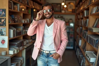 Homme déguisé en style années 80 avec blazer rose pastel et jeans acid-wash dans une boutique vintage