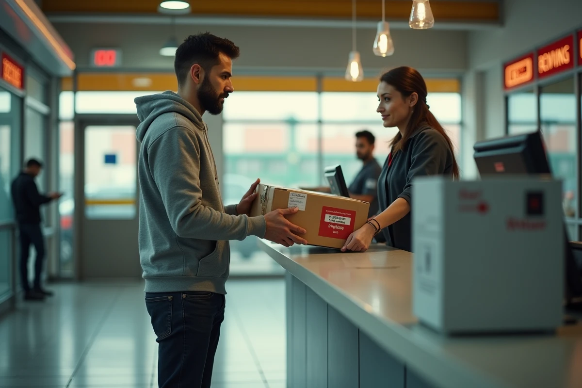 Homme déposant un colis de retour Zalando au guichet d'un bureau de poste