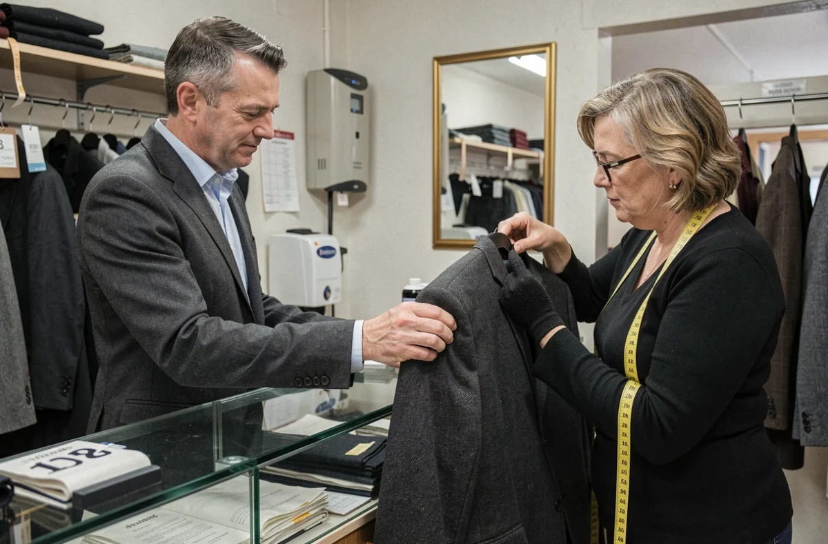 Client déposant un costume en laine dans une retoucherie locale pour une retouche professionnelle