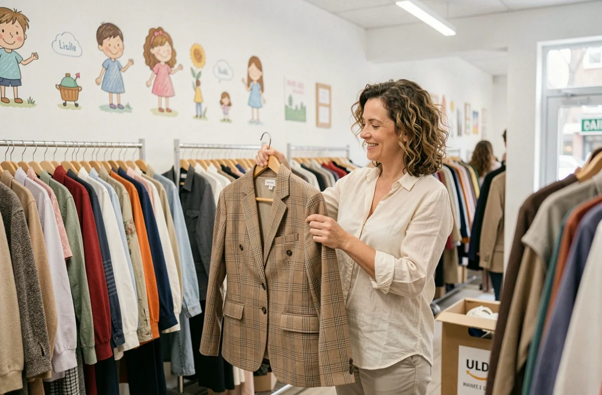 Cliente examinant une veste à carreaux vintage dans la friperie solidaire Ding Fring à Lille, dans un espace lumineux et bien organisé