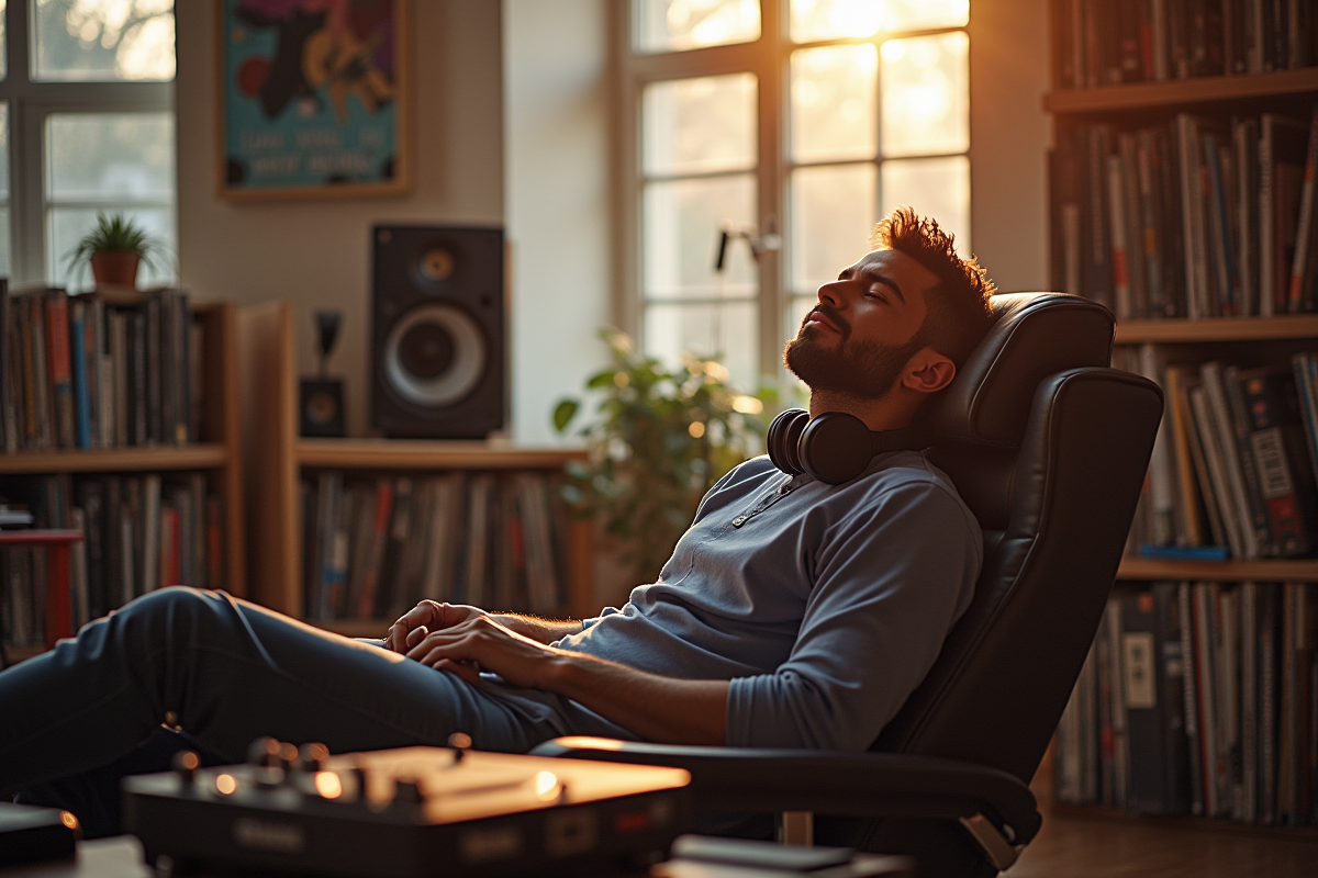 DJ français relaxant dans un studio avec équipements audio modernes