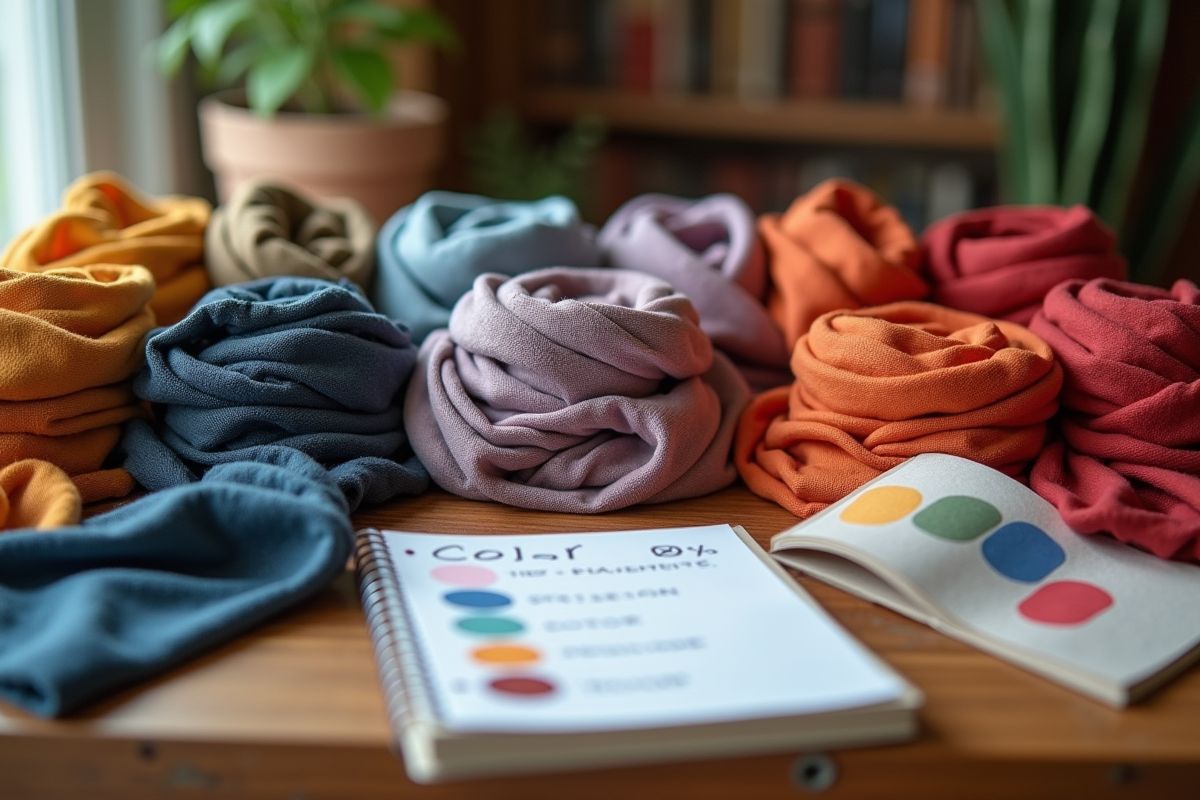Sélection de écharpes colorées sur une table en bois