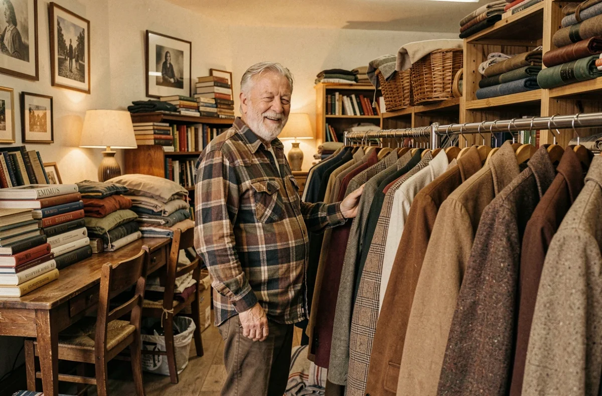 Un homme âgé parcourant les vêtements dans une boutique Emmaüs de la métropole lilloise, entouré d'objets d'occasion et d'un mobilier chiné