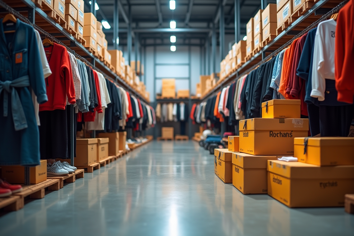 Entrepot de vêtements tendance avec colis de boutiques en premier plan