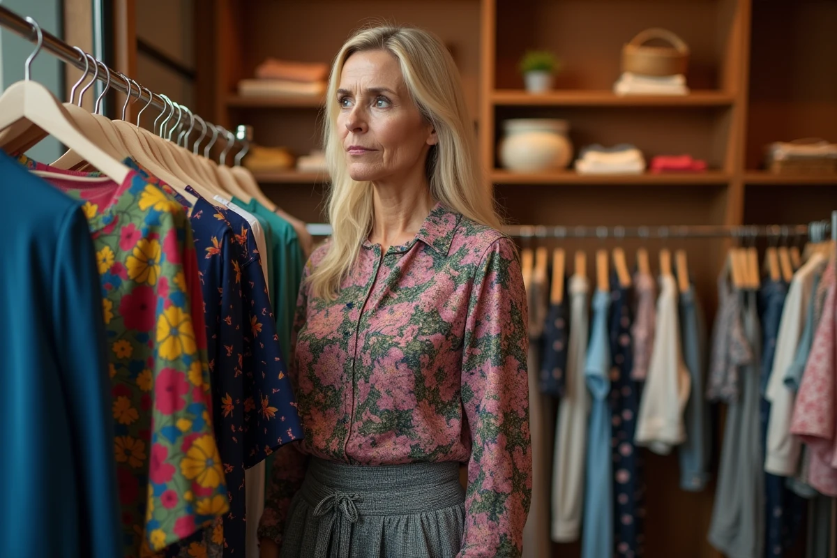 Femme dans une boutique de vêtements tenant deux tenues aux motifs qui se clash, illustrant l'erreur de mélange de prints et de couleurs mal assorties dans un look