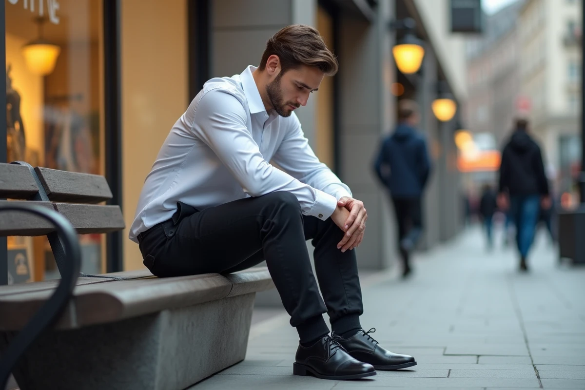 Homme assis en ville portant un mélange de styles vestimentaires incohérents combinant chemise formelle et jogger décontracté avec chaussures en cuir, erreur de look masculine