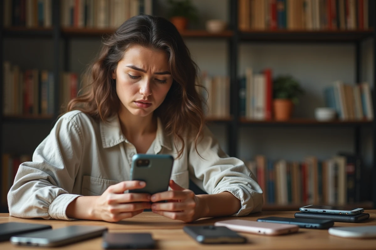 Jeune femme examinant une coque téléphone mal ajustée avec une expression frustrée, entourée de coques originales sur un bureau en bois