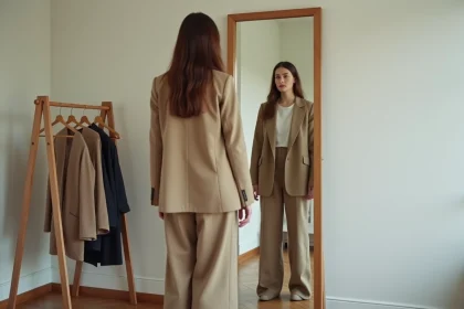 Femme devant un miroir en appartement parisien portant une tenue mal ajustée avec blazer oversize et pantalon large trop long, illustrant les erreurs de look courantes