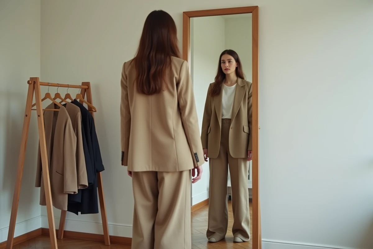 Femme devant un miroir en appartement parisien portant une tenue mal ajustée avec blazer oversize et pantalon large trop long, illustrant les erreurs de look courantes