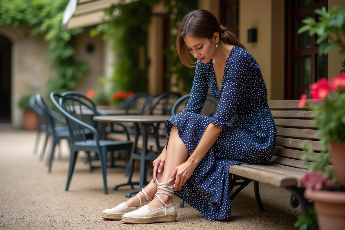 Femme attachant ses espadrilles à lacets beige avant de danser sur la terrasse en gravier d'une guinguette