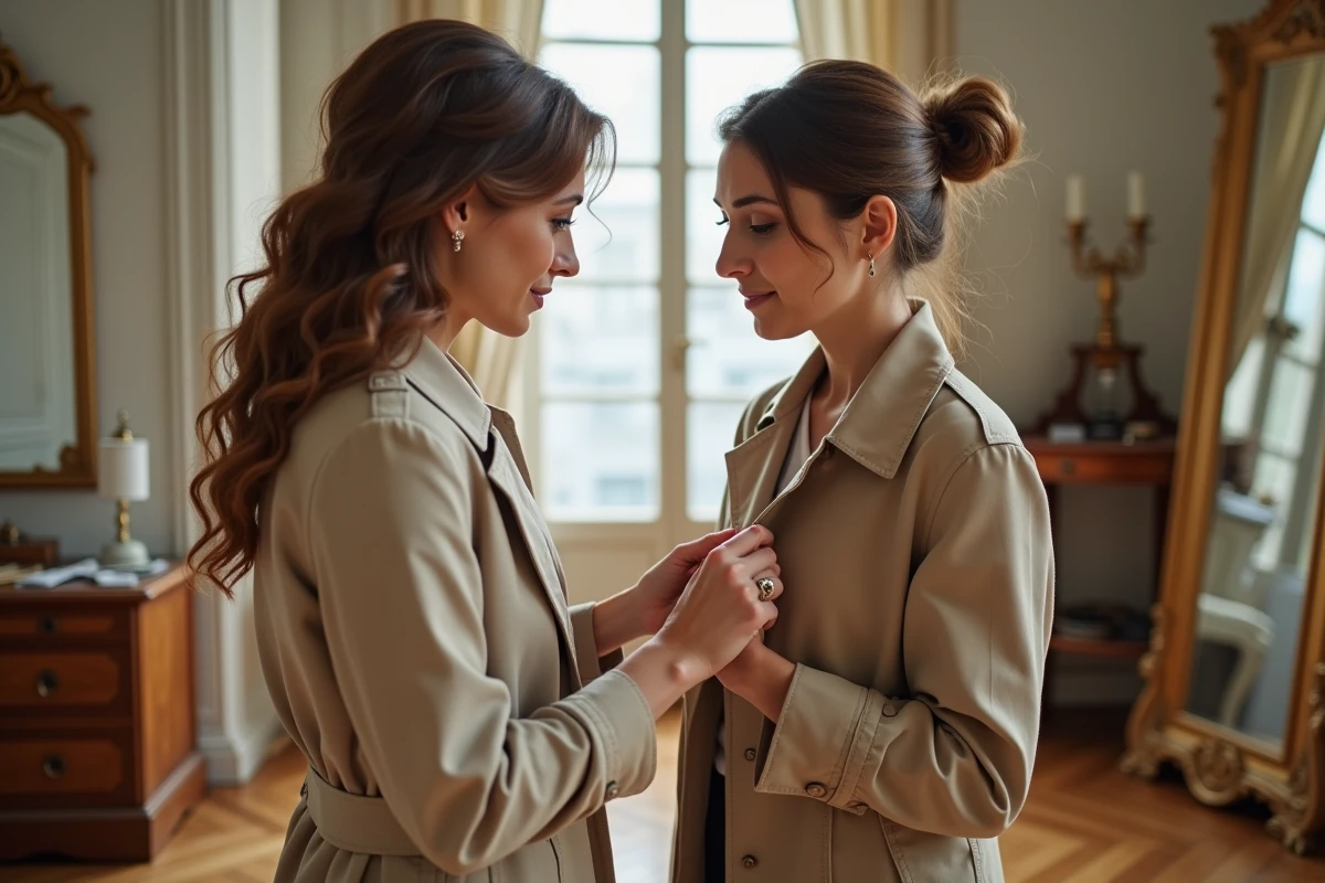 Cliente et couturière examinant ensemble l'ajustement d'un trench coat lors d'un essayage dans un atelier de couture à Reims