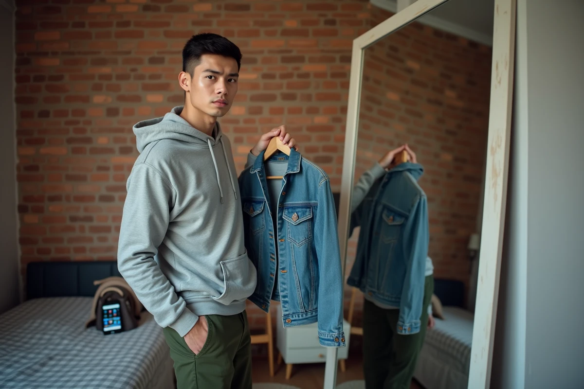 Homme essayant une veste en jean de seconde main achetée sur Sellpy, debout devant un miroir dans une chambre d'appartement