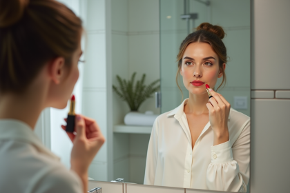Femme appliquant un rouge à lèvres en miroir dans une salle de bain moderne