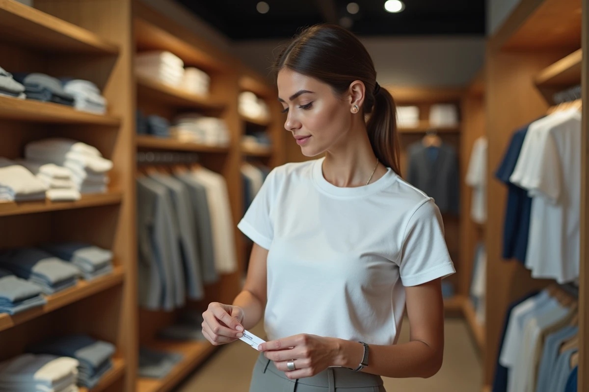 Femme examinant un vêtement de marque Sonstiges dans une boutique moderne, avis acheteur