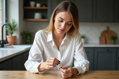 Femme examine un collier en or avec souci dans la cuisine