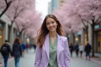 Jeune femme en blazer pastel dans une rue printaniere