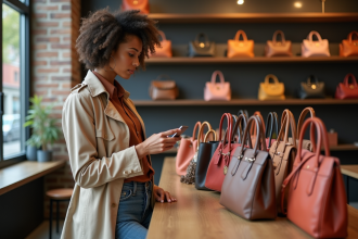 Femme examine sacs à main dans une boutique chic