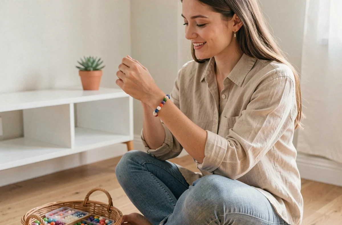 Jeune femme admirant son bracelet en perles et breloques fait main porté au poignet dans un intérieur scandinave lumineux
