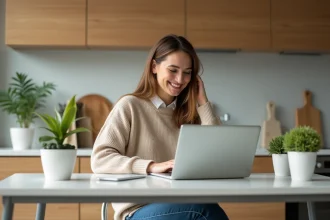 Femme souriante utilisant son ordinateur dans une cuisine moderne