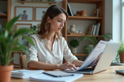 Femme au bureau v&eacute;rifiant un catalogue La Poste