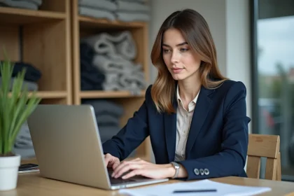 Femme en bureau professionnel naviguant sur un ordinateur