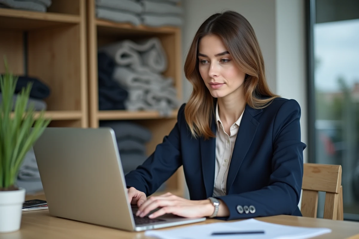 Femme en bureau professionnel naviguant sur un ordinateur